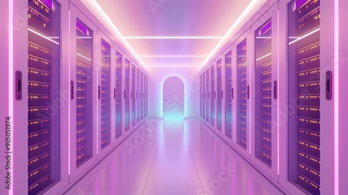 A futuristic data center hallway with neon lighting and rows of server racks.