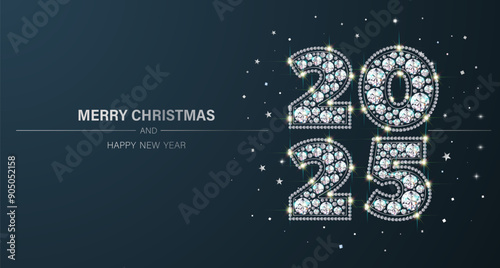 Numbers 2025 New Year and Christmas. Of sparkling, luxurious, precious stones - diamonds. Festive banner with glitter. Realistic style. Blue background. Vector illustration.