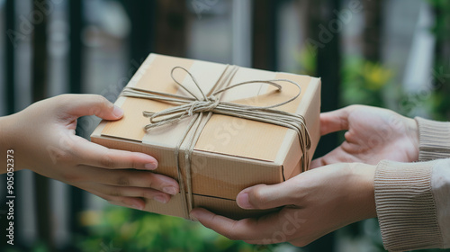 Close-up of hands handing over an open package with brown gift ribbon