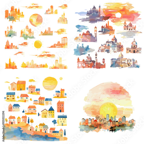 A collection of four watercolor drawings of cities and buildings