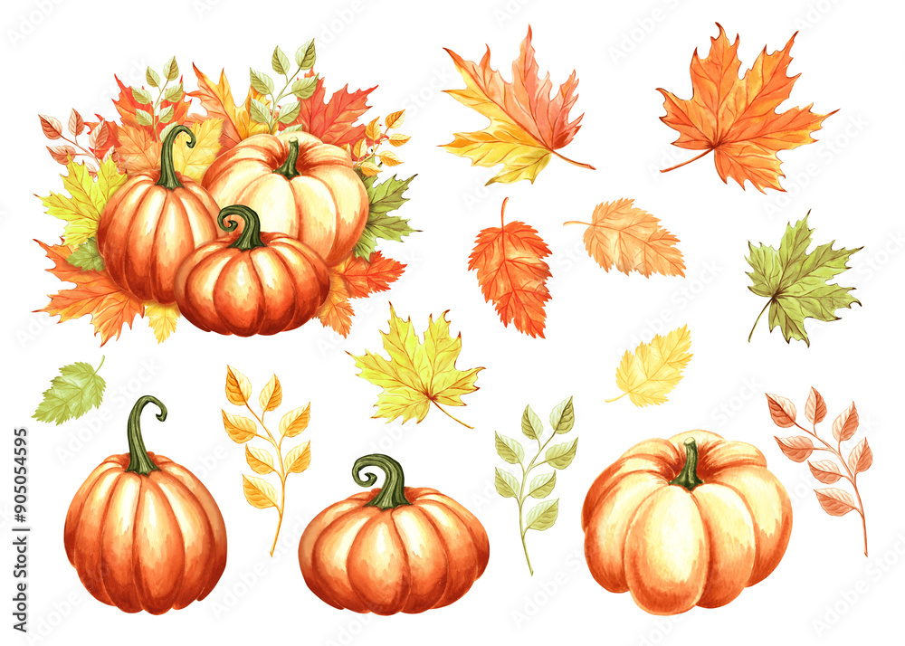 Pumpkins with maple leaves. Set of hand drawn watercolor isolated illustrations. Fall collection. Autumn Thanksgiving traditional vegetables. Clip art for sticker, textile, card, Halloween, embroidery Pumpkins with maple leaves. Set of hand drawn watercolor isolated illustrations. Fall collection. Autumn Thanksgiving traditional vegetables. Clip art for sticker, textile, card, Halloween, embroidery