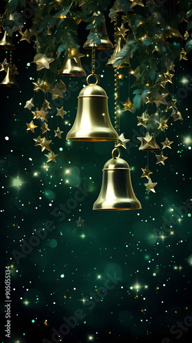 Digital christmas green golden bell starry sky abstract graphic poster background