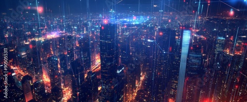 Futuristic cityscape with digital lines and data points  skyline at night with illuminated skyscrapers