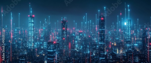 Futuristic cityscape with digital lines and data points, skyline at night with illuminated skyscrapers