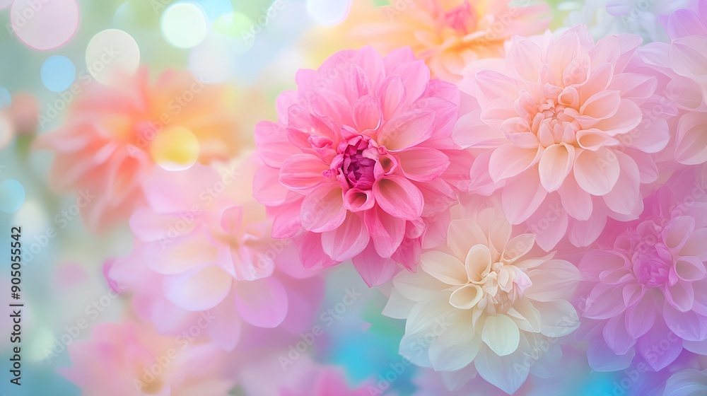 a dreamy and colorful arrangement of flowers, primarily dahlias. The flowers are in soft pastel shades of pink, peach, and cream, creating a gentle and soothing visual effect a dreamy and colorful arrangement of flowers, primarily dahlias. The flowers are in soft pastel shades of pink, peach, and cream, creating a gentle and soothing visual effect