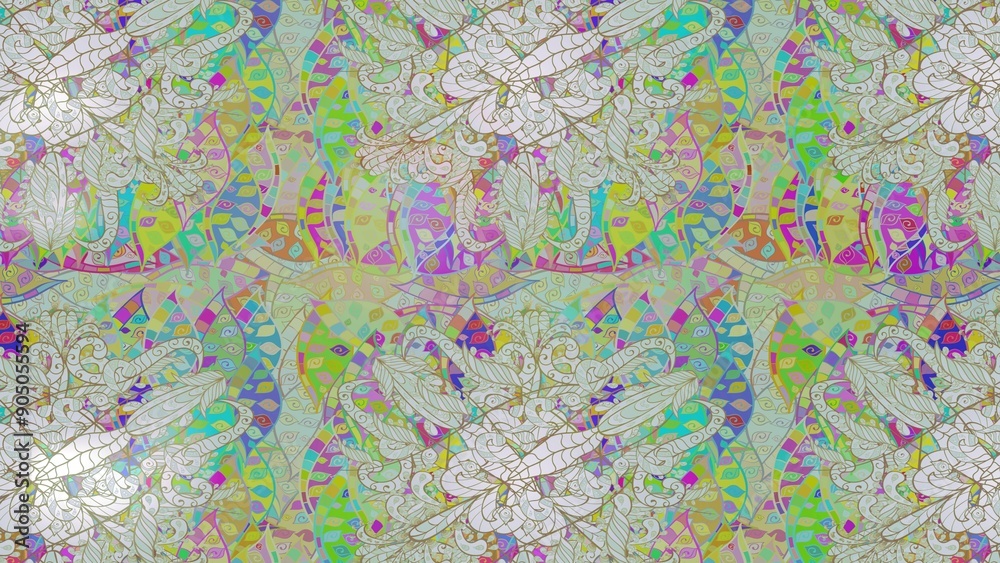 Fototapeta premium Sketch Floral Pattern in Raster illustration. Flowers on neutral, gray and green colors.