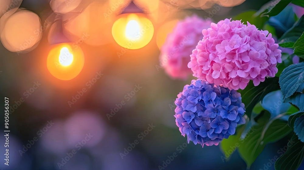 Colorful Hydrangeas in Bloom Under Soft Evening Lights Colorful Hydrangeas in Bloom Under Soft Evening Lights
