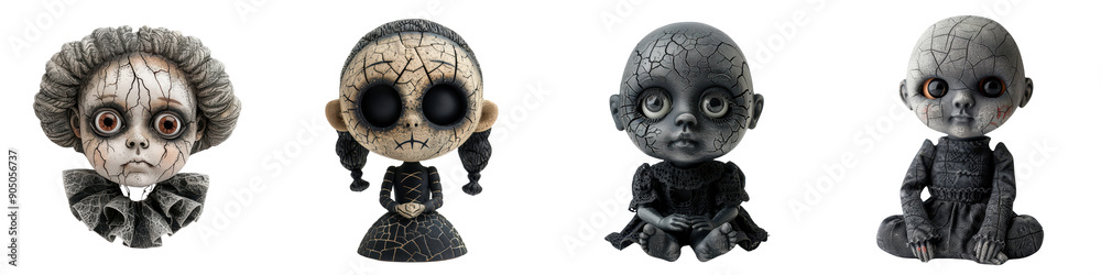 Four creepy looking dolls with different expressions Four creepy looking dolls with different expressions