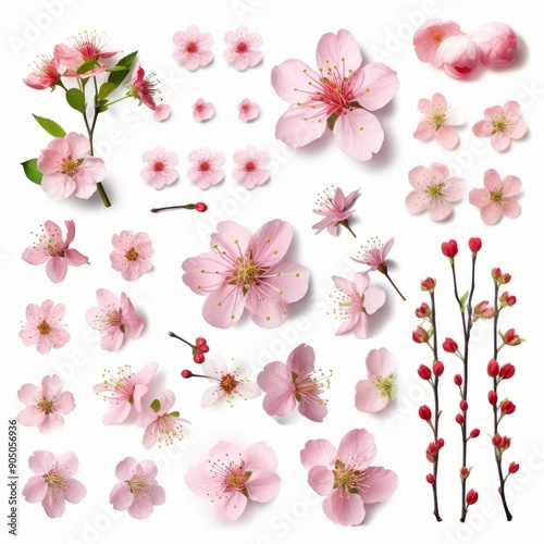 A set of pink and white cherry blossoms on a white background © tino