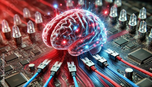 A futuristic image of a brain integrated with advanced technology into a computer motherboard, AI training, neurotechnology,data transfer, innovation,