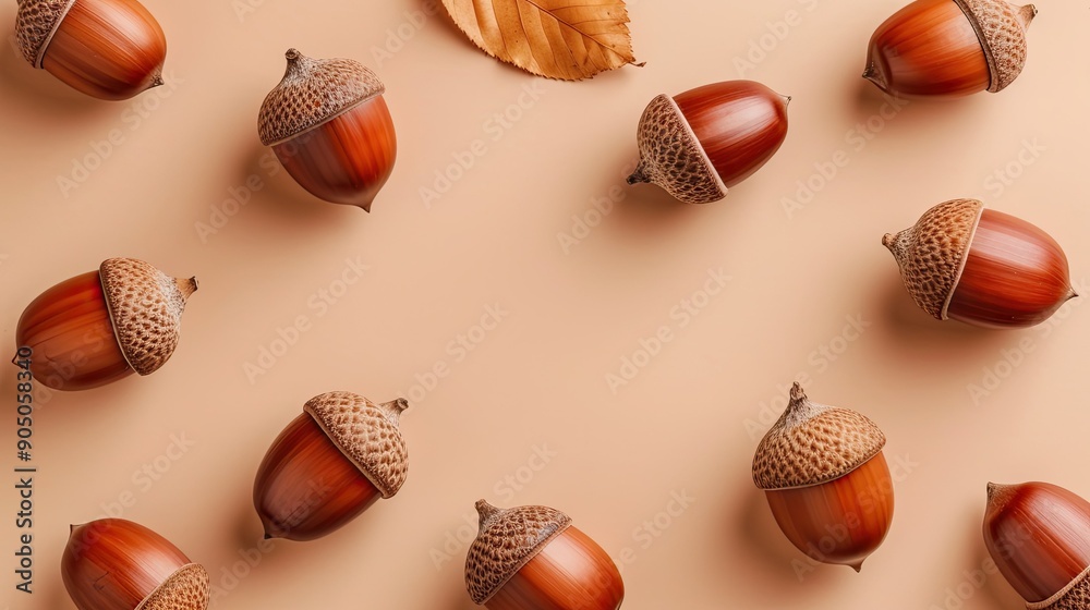 Autumn Acorns Arranged on a Neutral Background With Dry Leaves Autumn Acorns Arranged on a Neutral Background With Dry Leaves