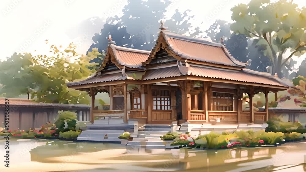 Watercolor painting of a Thai style wooden house in a garden. Watercolor painting of a Thai style wooden house in a garden.