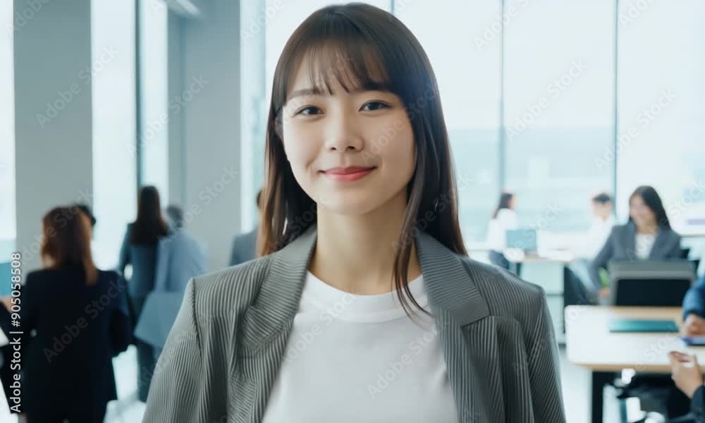 Woman walking through the office with a smile on her face