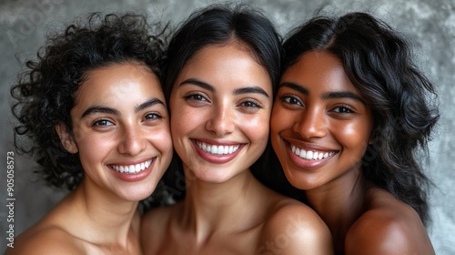 Three Multicultural Women with Bright Smiles in Professional Studio Portrait 