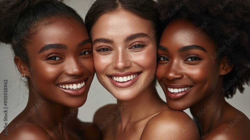 Radiant Women Smiling Together in Close-Up Studio Portrait Radiant Women Smiling Together in Close-Up Studio Portrait