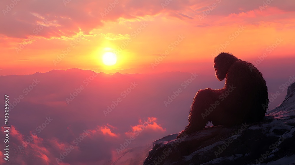 Bigfoot watching a sunrise from a mountaintop, with a contemplative expression and a panoramic view --ar 16:9 Bigfoot watching a sunrise from a mountaintop, with a contemplative expression and a panoramic view --ar 16:9