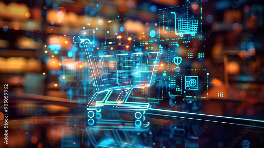 Digital illustration of an online shopping cart surrounded glowing digital icons and network connections
