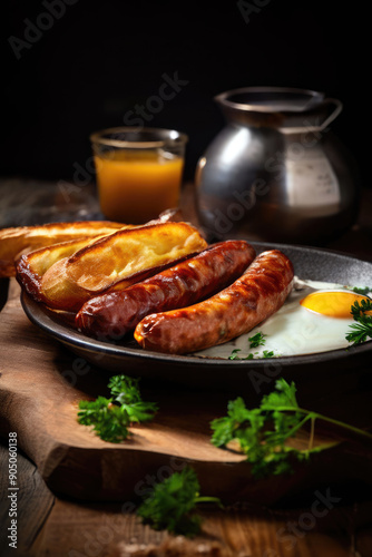 Roast sausage, fried egg and grilled potatoes, generated by artificial intelligence