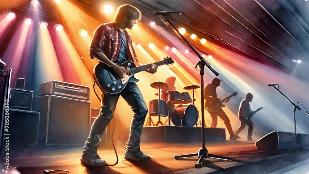 The image features a guitarist in action at a concert, under vibrant stage lights, surrounded by bandmates. The image features a guitarist in action at a concert, under vibrant stage lights, surrounded by bandmates.