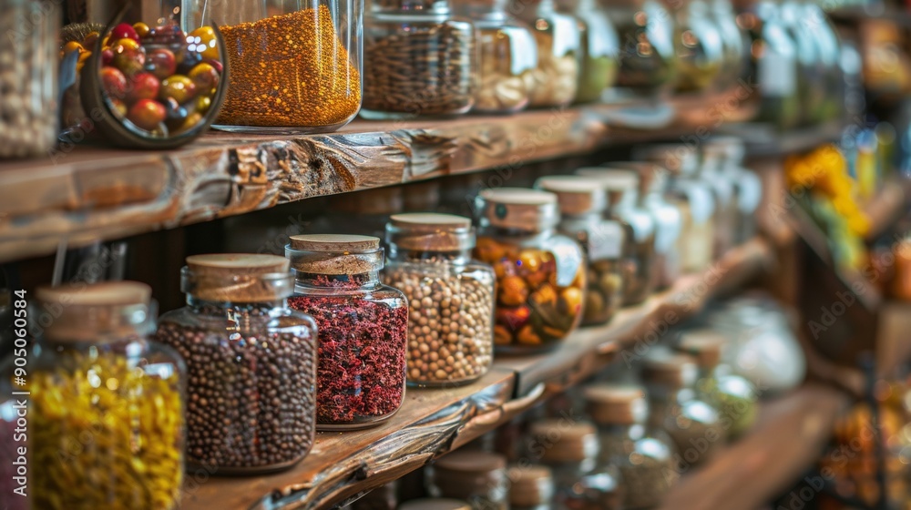 Assorted Spices in Jars on Rustic Shelves Assorted Spices in Jars on Rustic Shelves