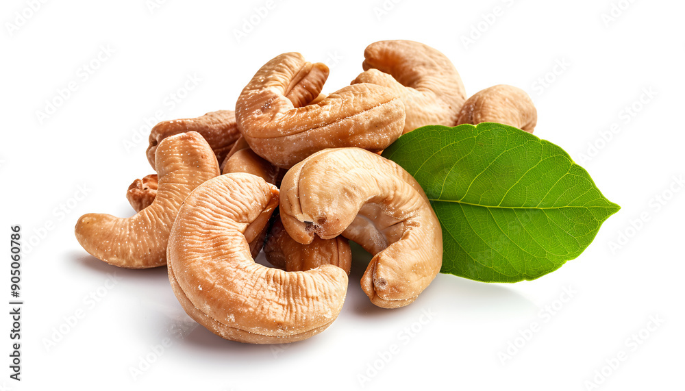 Roasted Cashew nuts with leaf isolated on white background with clipping path and full depth of field Roasted Cashew nuts with leaf isolated on white background with clipping path and full depth of field