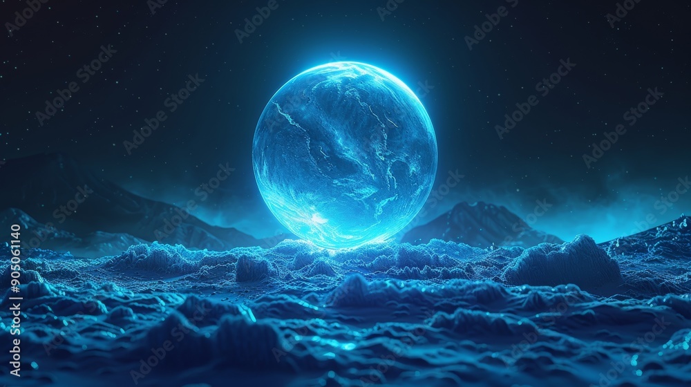 Glowing blue gradient sphere on black background, moon rise abstract grainy noise texture effect poster design, Generative AI Glowing blue gradient sphere on black background, moon rise abstract grainy noise texture effect poster design, Generative AI