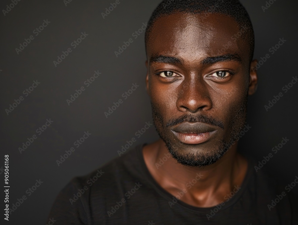 A person's face and upper torso, dressed in a black shirt, captured in a close-up shot A person's face and upper torso, dressed in a black shirt, captured in a close-up shot