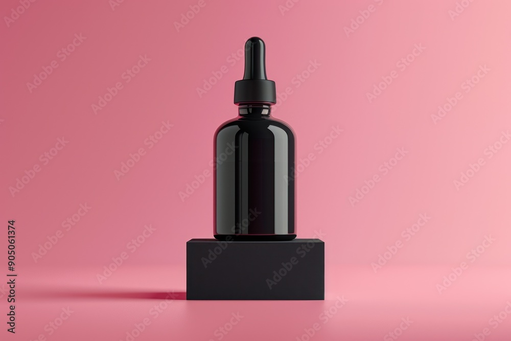 Black Dropper Bottle on Pink Background Black Dropper Bottle on Pink Background
