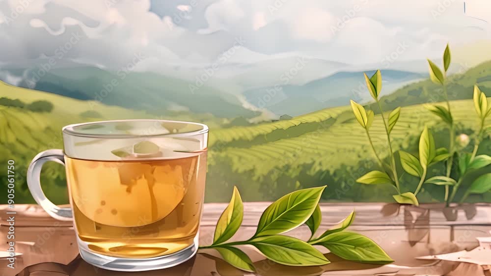A watercolor painting of a teacup set on a wooden table amidst the nature of a tea plantation. A watercolor painting of a teacup set on a wooden table amidst the nature of a tea plantation.