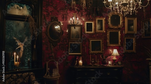 Vintage Gothic Living Room with Antique Mirrors and Stained Glass