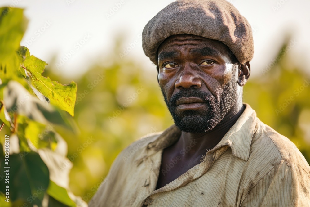 African farmer standing in cassava field looking at camera African farmer standing in cassava field looking at camera