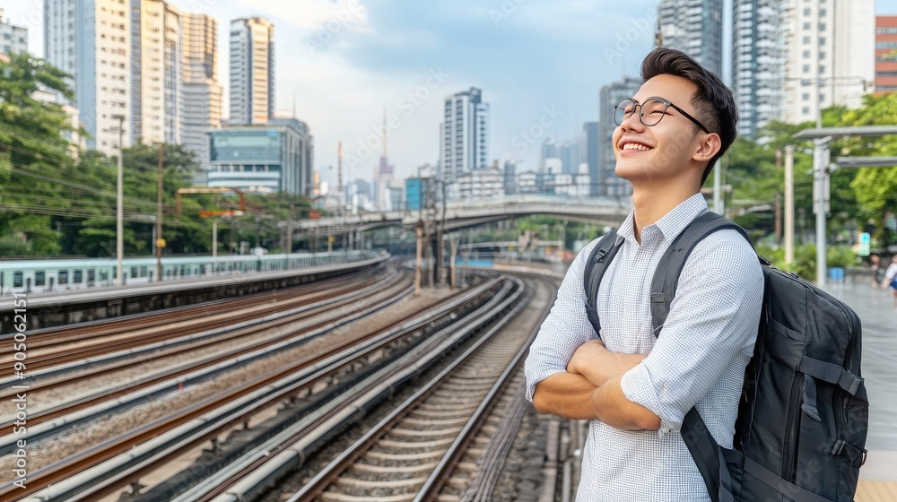Young Man Smiling Joyfully at Train Station in Urban Cityscape During Bright Daytime Young Man Smiling Joyfully at Train Station in Urban Cityscape During Bright Daytime