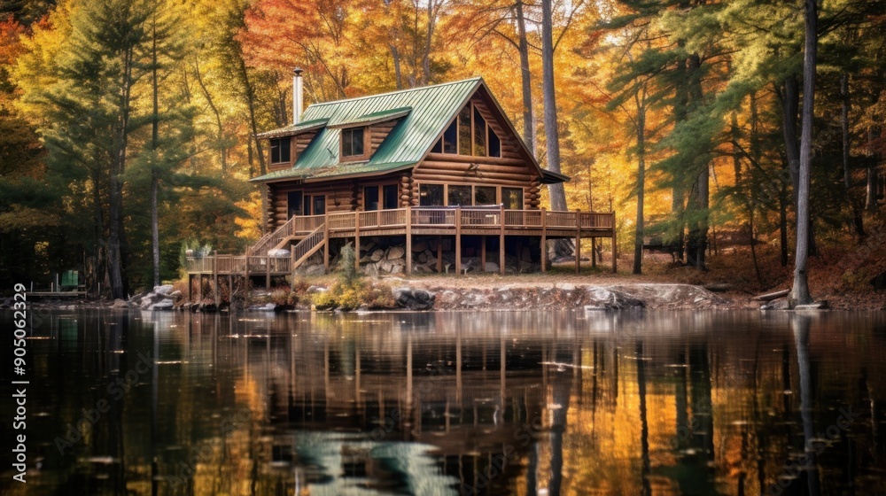 Fototapeta premium Cabin by the Lake in Autumn