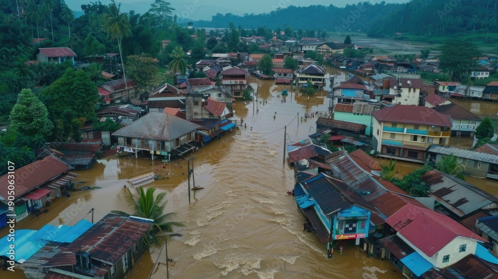 Aerial view of a village during a flood