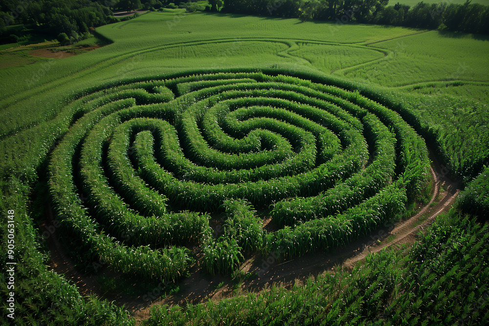 Aerial view of a corn maze in a field, labyrinth Aerial view of a corn maze in a field, labyrinth