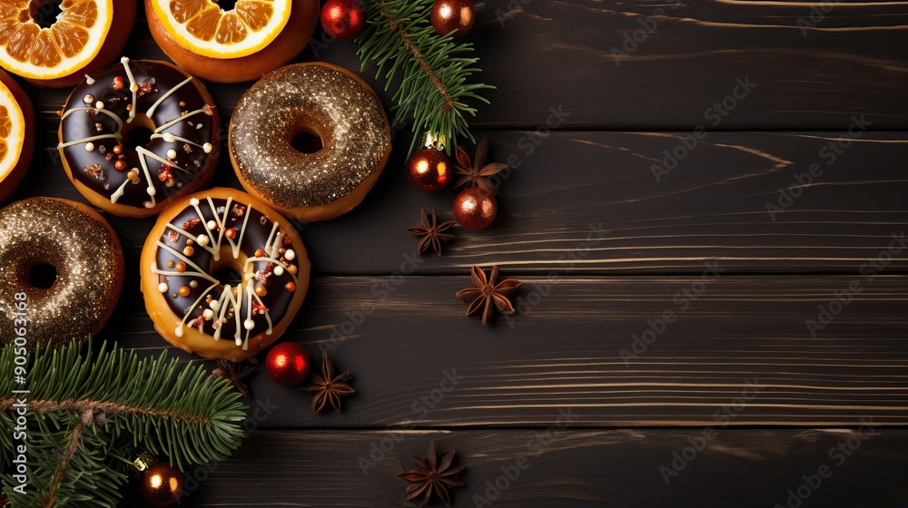 Fresh donuts, fir branches and citrus fruits on a dark background. Festive mood. Happy New Year concept Fresh donuts, fir branches and citrus fruits on a dark background. Festive mood. Happy New Year concept