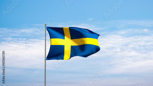 Flag Sweden against cloudy sky. Swedish flag waving in the wind, national symbol. Country, nation, union, flag, government, Swedish culture, politics. 3D illustration