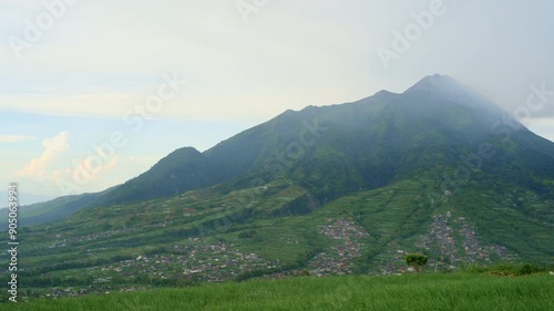 Wallpaper Mural Panning View of Merapi Mountain - Onion Fields, Terraced Gardens, and Scenic Village in 4K Torontodigital.ca