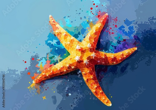 Stylized, polygonal representation of a starfish, rendered in orange and red, against a blue watercolor background photo