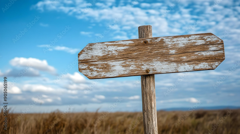 A weathered wooden signpost stands empty in an open field under a blue sky with scattered clouds. A weathered wooden signpost stands empty in an open field under a blue sky with scattered clouds.