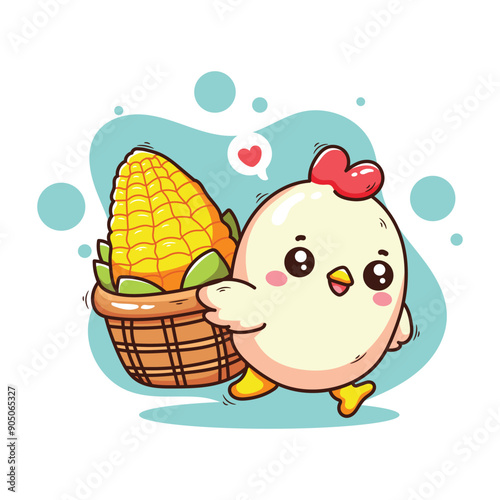 Cute chicken with corn and basket of corn. Vector illustration.