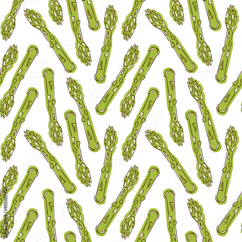 Green sprouts of asparagus seamless pattern in flat style. Vegetable design for product packaging and menu of restaurant. Vector illustration on a white background.