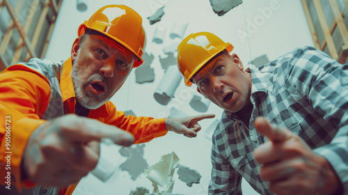 Chaos unfolds in a demolished office as two furious construction workers, in orange hard hats, point and yell towards the camera.