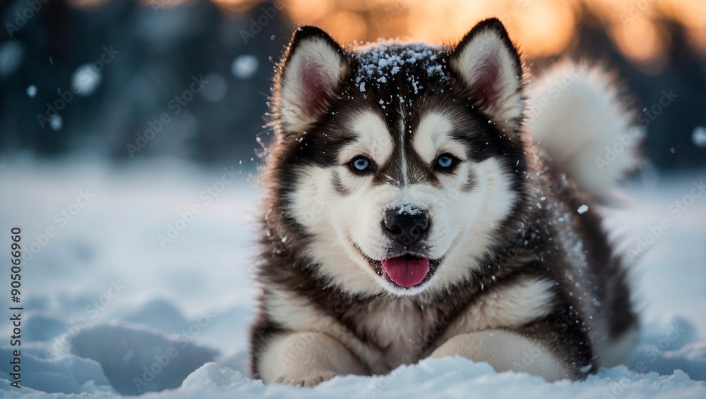 alaskan malamute puppy playing in snow alaskan malamute puppy playing in snow