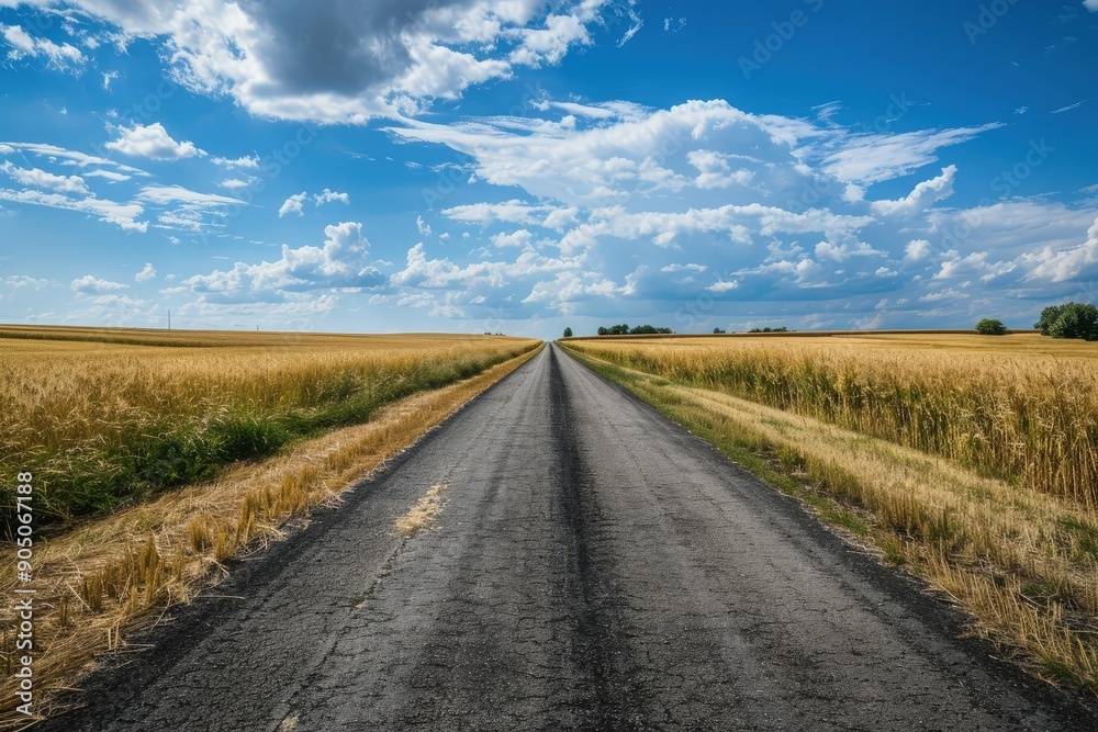 an empty road in the middle of a wheat field an empty road in the middle of a wheat field