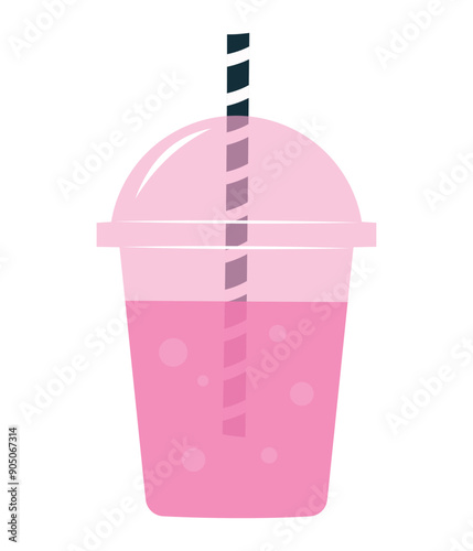 Cute pink plastic cup with soda, juice, iced coffee or Frappuccino. Hand drawn flat designed  transparent beverage container vector illustration, isolated on white