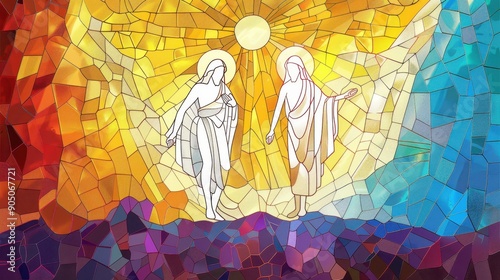 Hopeful Christian Stained Glass Depicting Resurrection on Beige Background and Copyspace