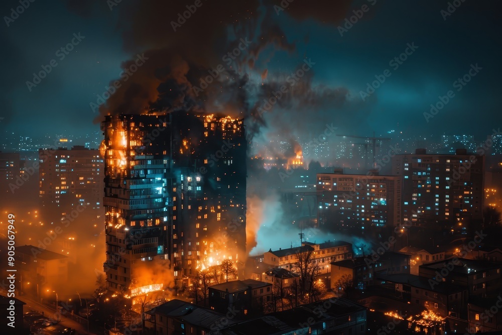 Fototapeta premium A heartwrenching sight of a building engulfed in flames in a city, Heart-wrenching sight of a burning building against a backdrop of city lights