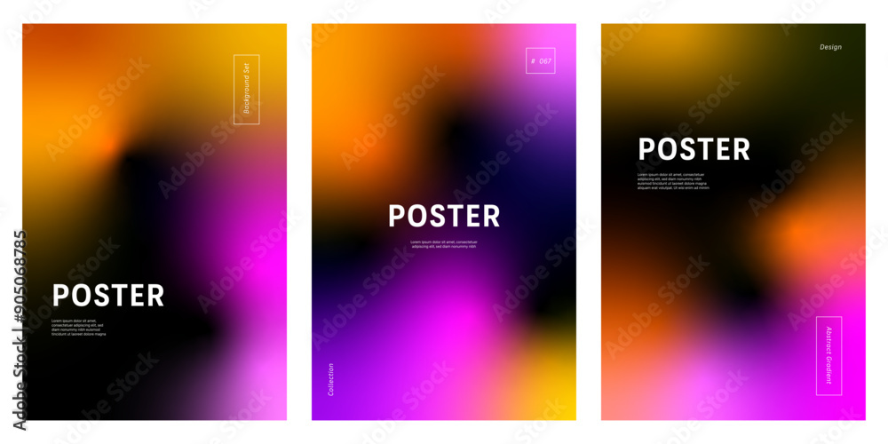 Set of three abstract backgrounds with vibrant pink and orange gradient on black for modern trendy minimal design Set of three abstract backgrounds with vibrant pink and orange gradient on black for modern trendy minimal design