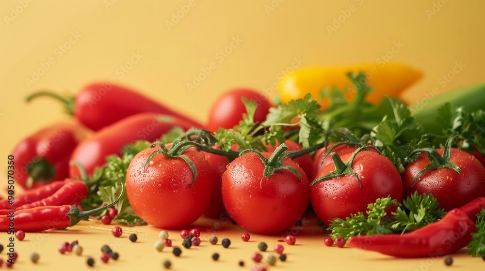 Vibrant fresh vegetables with tomatoes and herbs on yellow background Vibrant fresh vegetables with tomatoes and herbs on yellow background